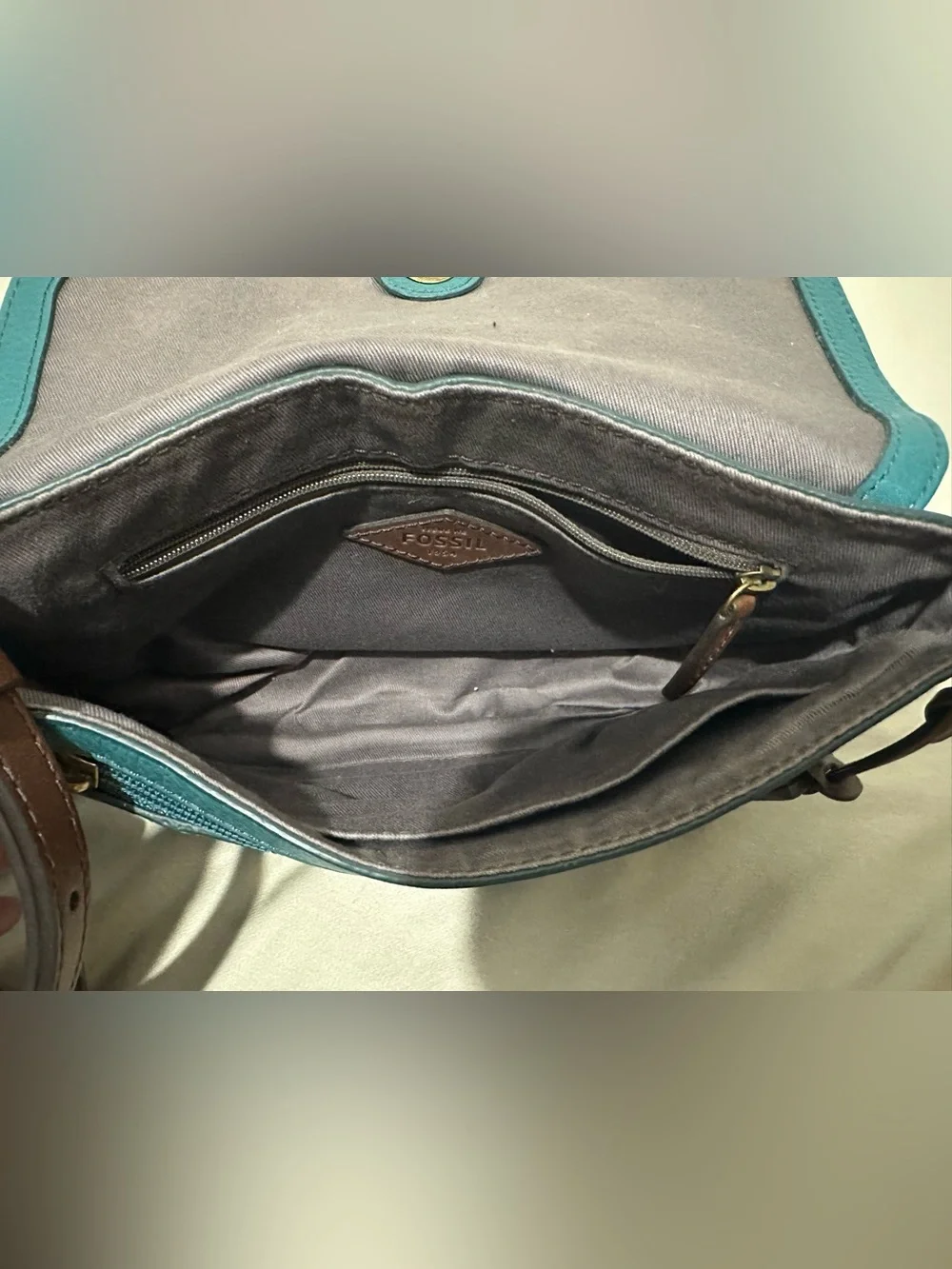 Fossil teal pebbled leather flap crossbody bag